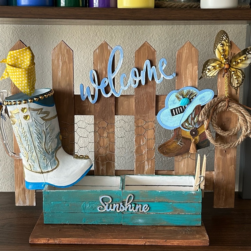 Rustic 'Welcome Sunshine' Turquoise Wooden Decor with Cowboy Boot